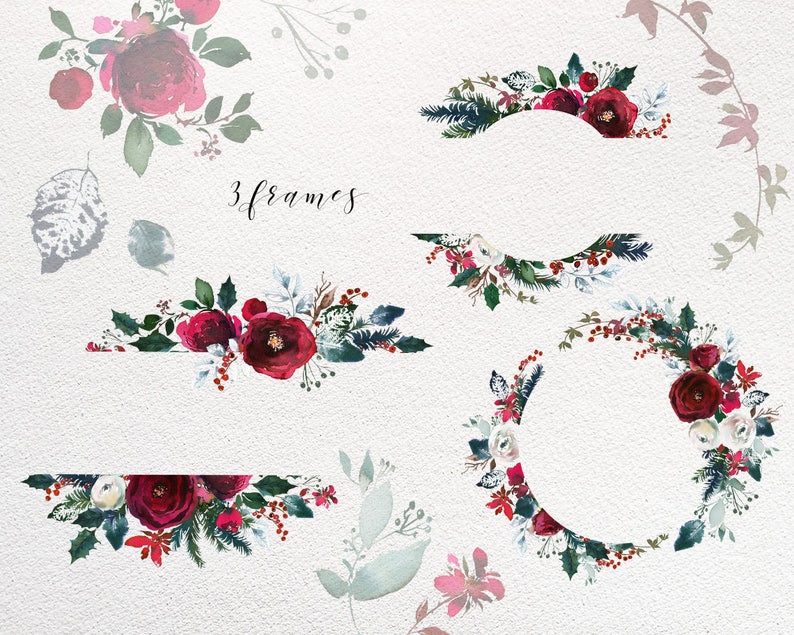 Weihnachten Aquarell Blumenkranz Clipart Aquarell Rot Burgund | Etsy