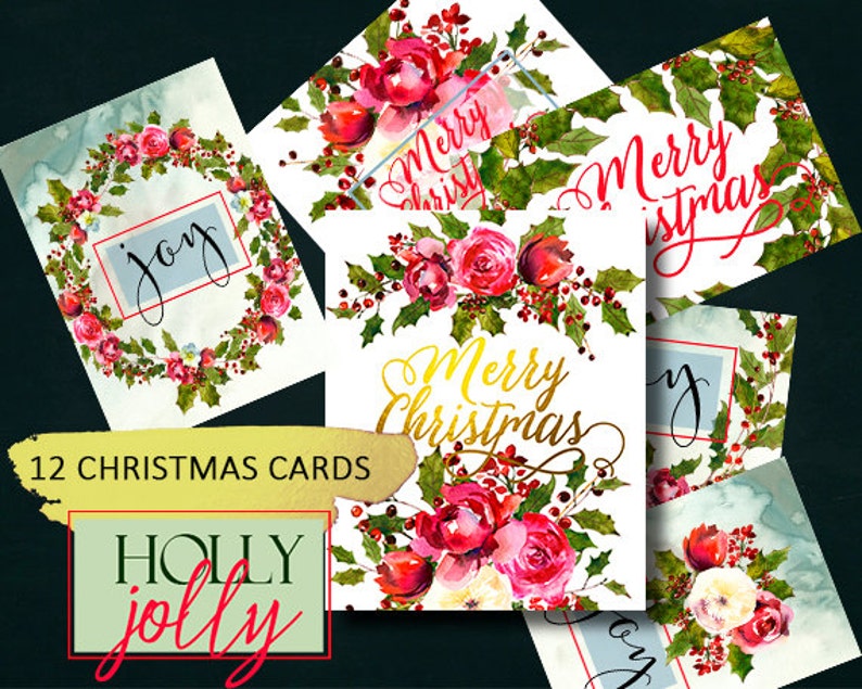 Printable Christmas Cards with Watercolor florals and Holly Steams Set of 12 5x7/' Printables Wall Decor Art