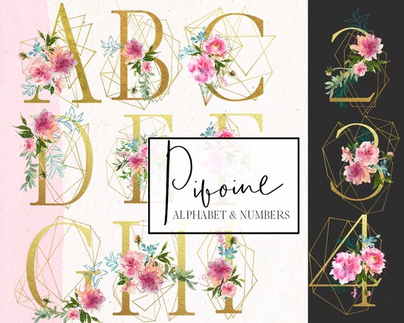 Download Pivoine Pink Gold Floral Alphabet Polygonal Embellished Letters Numbers Watercolor Peony Flowers Clipart Png Save The