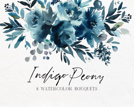 Indigo Peony Navy Blue Rose Bouquets Watercolor Floral Clipart Etsy