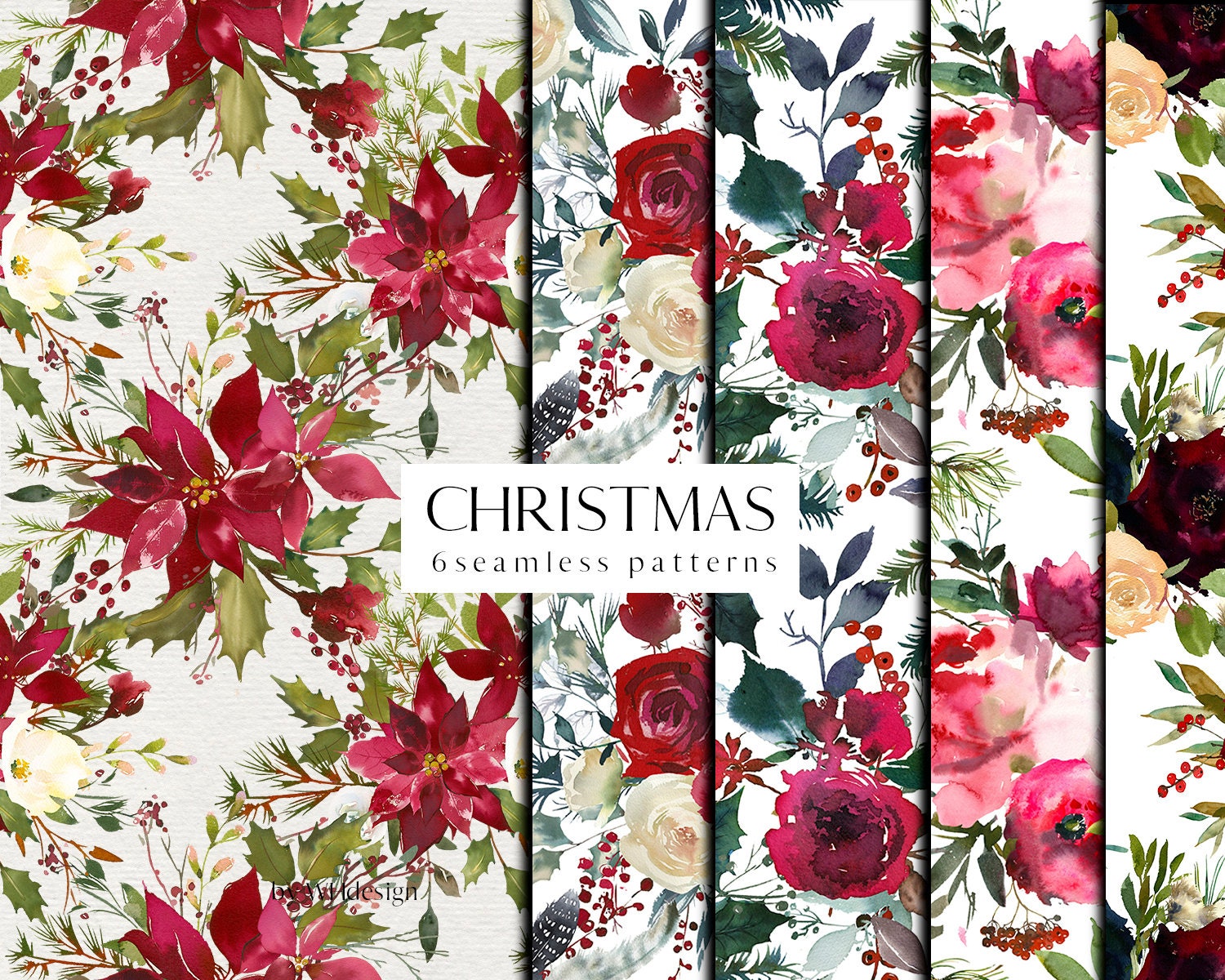 Christmas 7 Seamless Floral Patterns Red Green Burgundy Gold Etsy
