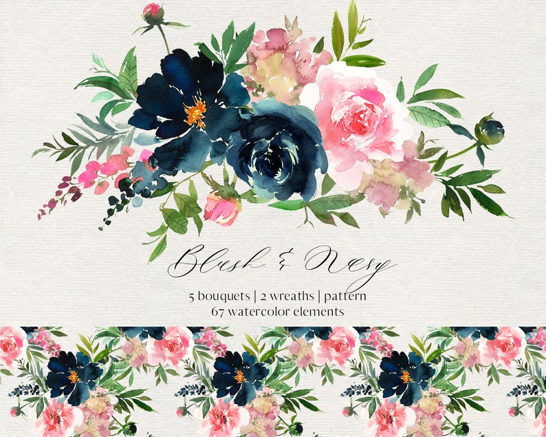 Blush & Navy Watercolor Floral Clipart Flowers Bouquets | Etsy