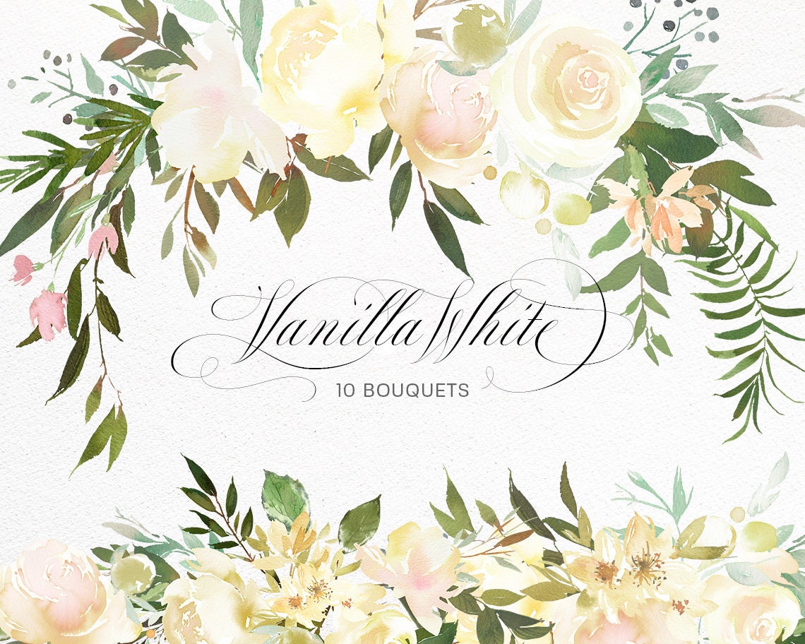 Vanilla White Watercolor Flowers Green Leaves Clipart Peony Roses Flo…