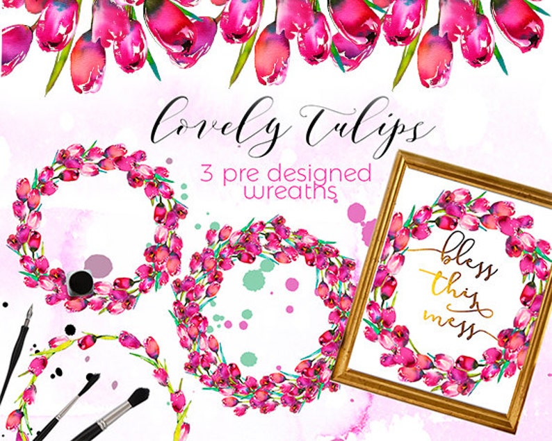 Download Floral Wreath Border Clipart Watercolor Pink Tulips Spring ...
