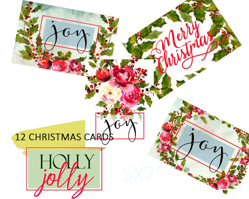 Printable Christmas Cards with Watercolor florals and Holly Steams Set of 12 5x7/' Printables Wall Decor Art