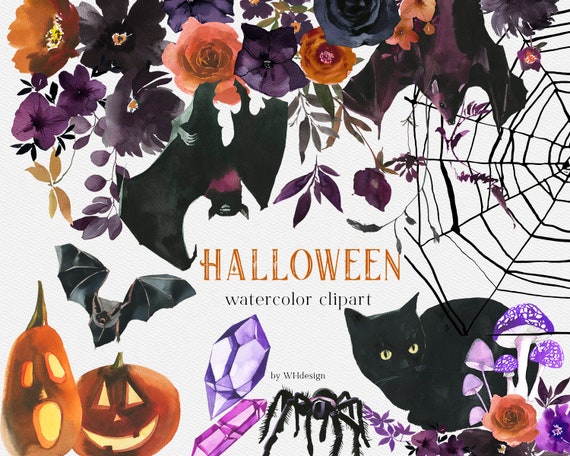 Halloween Watercolor Clipart Flower Clipart Black Cat Png | Etsy
