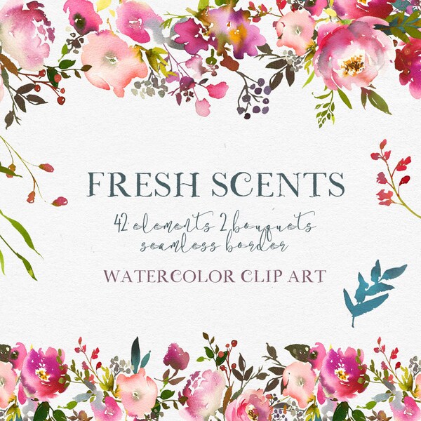 Pink Peach Flowers Peonies Roses Watercolor Clipart  Wedding Clip Art PNG Floral Bouquets Elements Border Invitation Printable Nursery Decor