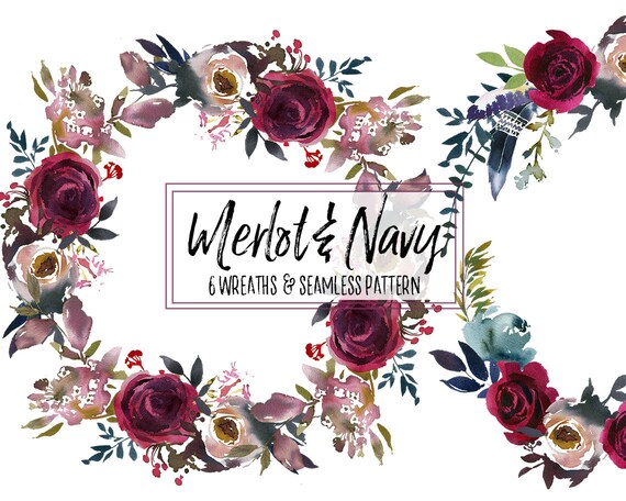 Download Boho Chick Burgundy Navy Watercolor Floral Wreaths Clipart Etsy