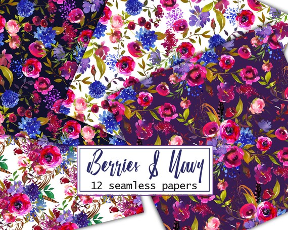 Purple Pink Navy Blue Floral Digital Paper Watercolor Flower Etsy