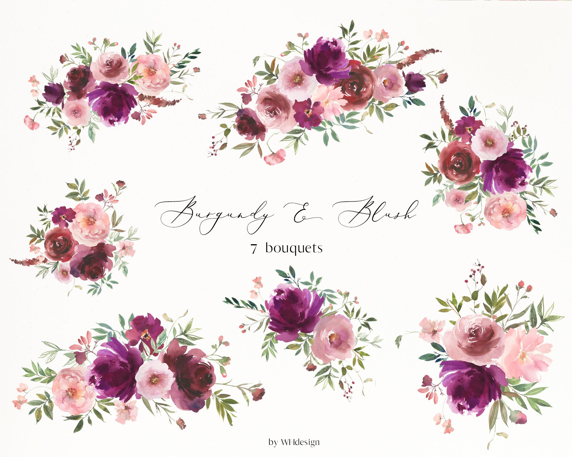 Burgundy Blush Watercolor Florals Clipart Berries Pink | Etsy