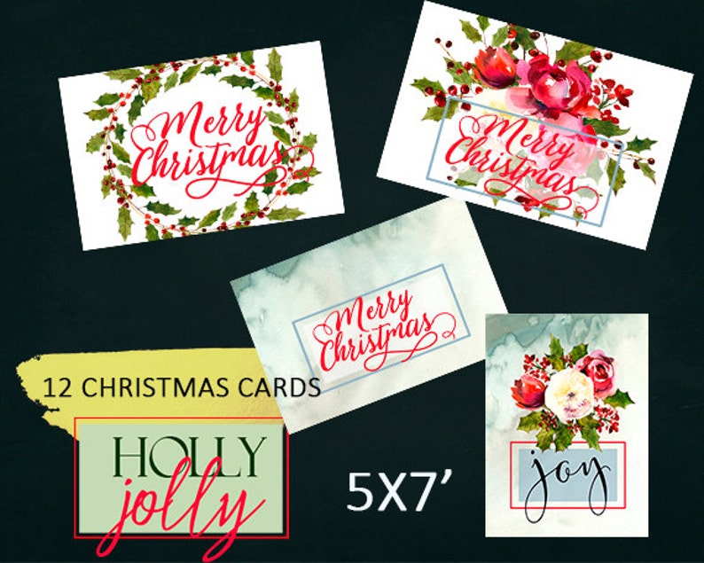 Printable Christmas Cards with Watercolor florals and Holly Steams Set of 12 5x7/' Printables Wall Decor Art