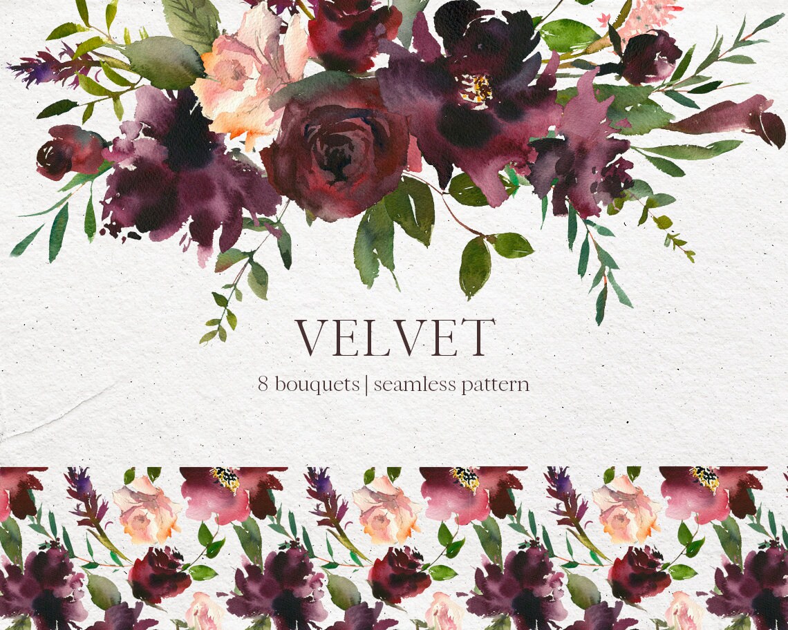Velvet Bordo Pink Watercolor Floral Bouquets Clipart Burgundy Red Pin…