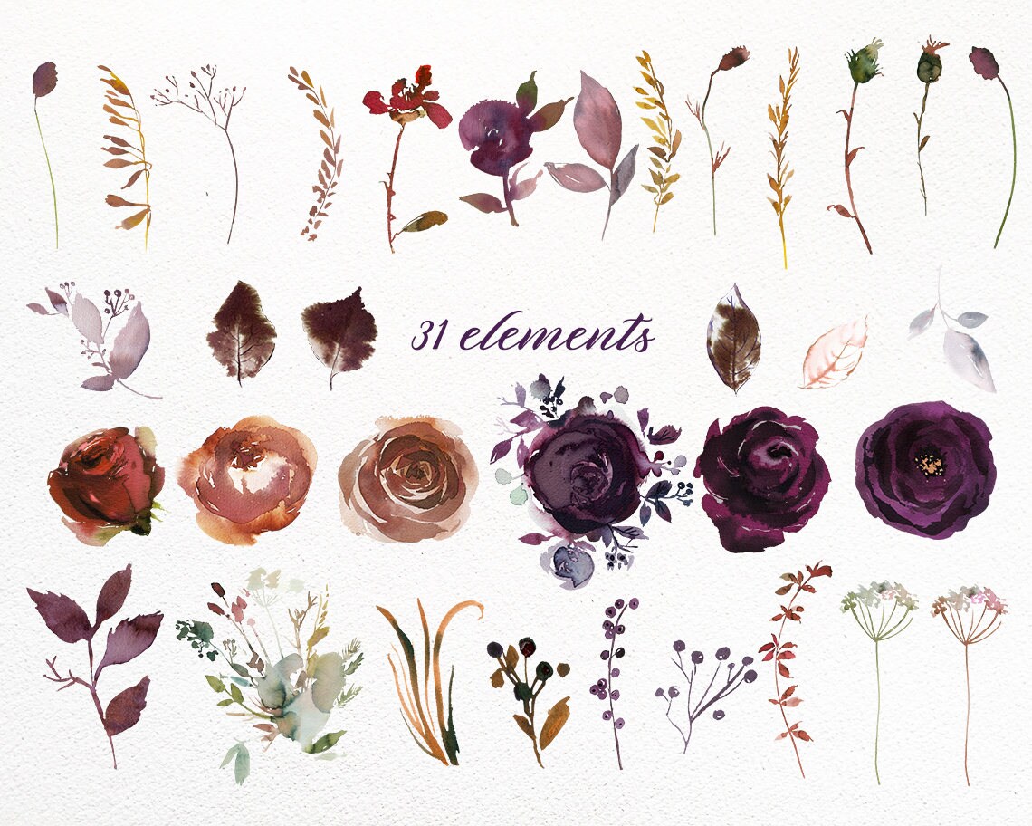Boho Bordo Purple Plum Watercolor Floral Clipart Burgundy | Etsy