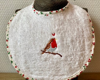 Embroidered bib, babybib, retro bib, robin, redbreast, bird