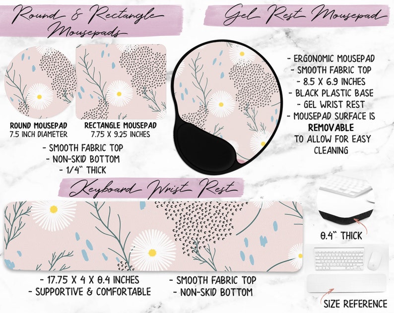 custom personalization available! Mouse Pad or Keyboard Wrist Rest multiple sizes /& styles Daisy Desk Mat