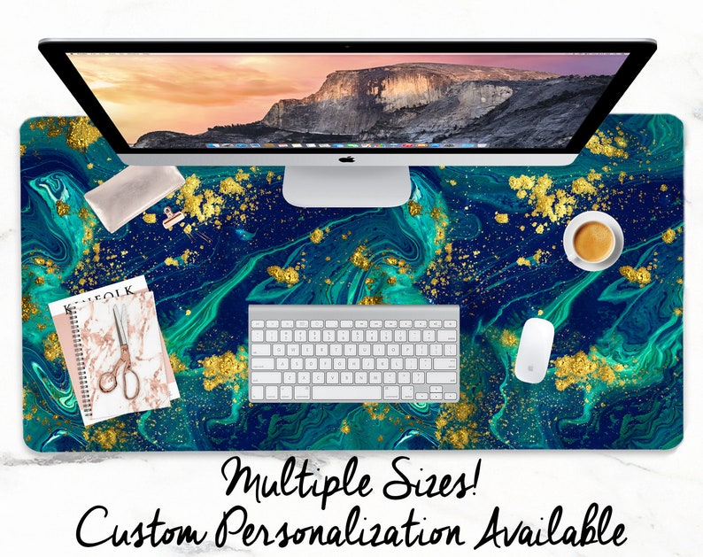 Gold On Blue Green Marble Desk Mat With Custom Monogram Etsy