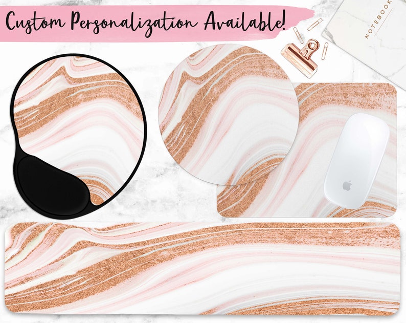 Faux Rose Gold and Pink Mouse Pad & Keyboard Wrist Rest | multiple styles, matching accessories and personalization available!