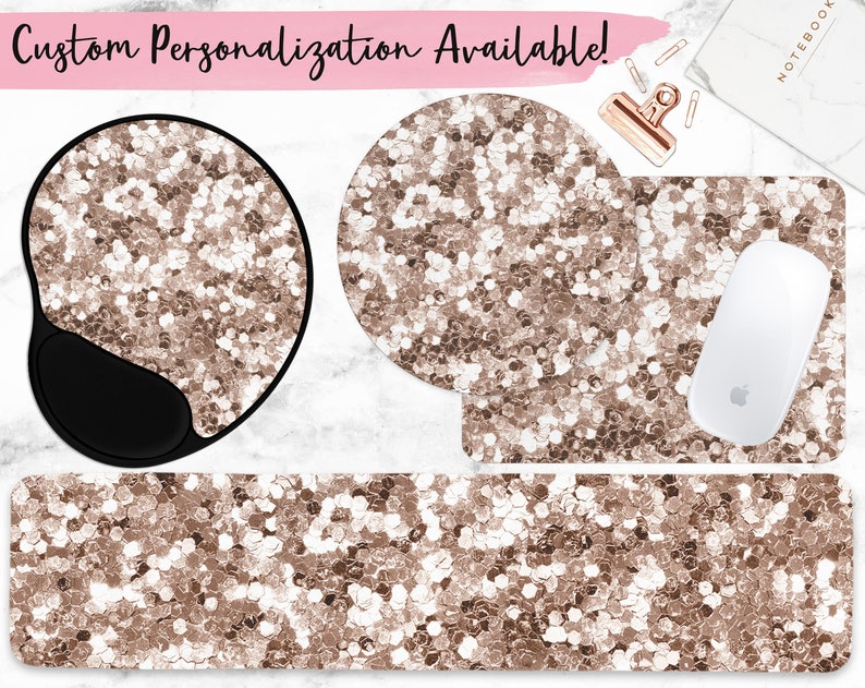 Faux Rose Gold Glitter Mouse Pad & Keyboard Wrist Rest | multiple styles, matching accessories and personalization available!