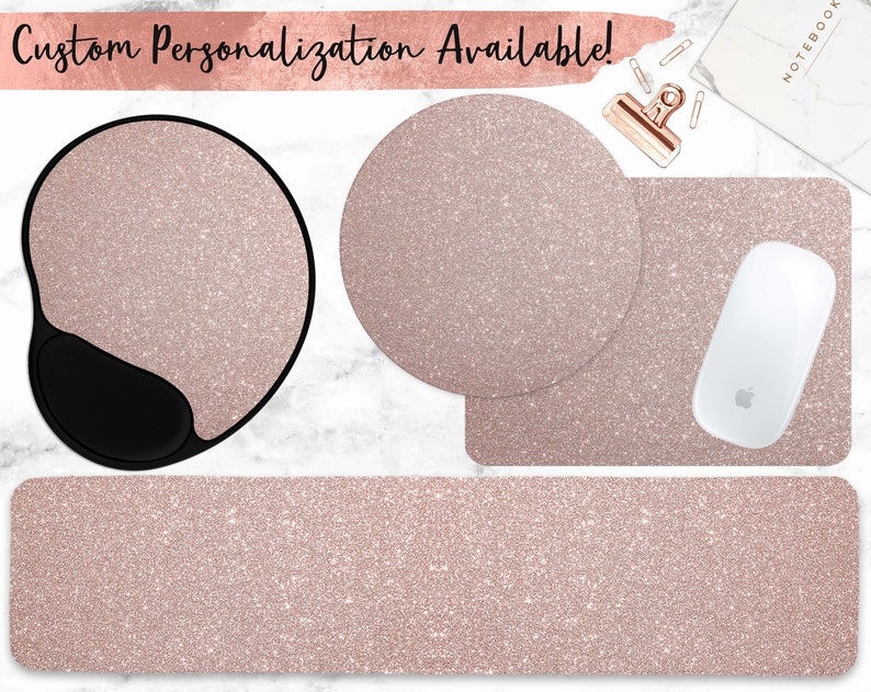 Faux Rose Gold Glitter Mouse Pad & Keyboard Wrist Rest | multiple styles, matching accessories and personalization available!