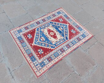 4x5 Turkish Carpet, 3'8"x4'9" ft Handmade Turkish Carpet, Red Blue Color Vintage Oushak Area Rug, Home Decor Boho Rug, Bohemian Kitchen Rug