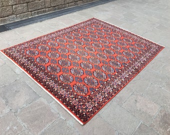 8x11 Turkish Rug, 8'4" x 11'2" ft Vintage Handmade High Soft Pile Wool Reddish Salmon Color Large Size Turkish Oushak Oversize Carpet Rug