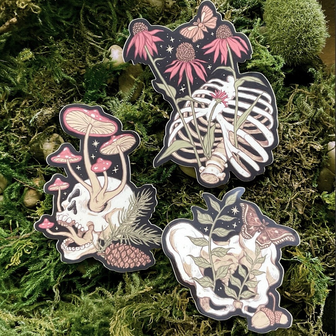 Forest Funeral Sticker Set - Skull Mushrooms Whimsigoth Moths Rib Cage ...