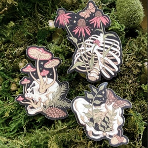 Forest Funeral Sticker Set - Skull Mushrooms Whimsigoth Moths Rib Cage Skeleton Pelvis Cottagecore Dark Floral Witchy Forest Stickers