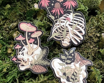Forest Funeral Sticker Set - Skull Mushrooms Whimsigoth Moths Rib Cage Skeleton Pelvis Cottagecore Dark Floral Witchy Forest Stickers