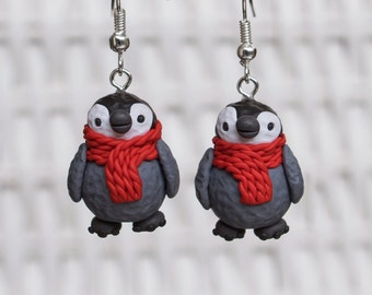 Penguin Clay Earrings, Polymer Clay Penguin Earrings, Baby Penguin Polymer Clay, Holiday Season Earrings, Winter Clay Earrings, Winter Clay