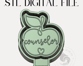 May include: A green 3D printed STL digital file of an apple with a leaf and the word "counselor" written inside.
