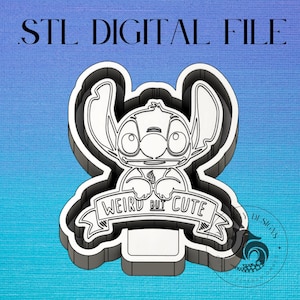 May include: A 3D STL digital file of a cartoon character with large ears and eyes, holding a banner that reads "WEIRD BUT CUTE". The design is in a layered style, with a white outline and a gray base, set against a blue gradient background.