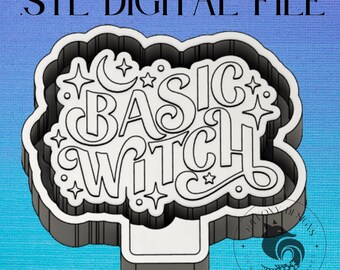 May include: A 3D printed STL file for a cookie cutter shaped like a crescent moon with the words "Basic Witch" in a stylized font. The cookie cutter is white and has a black outline.