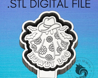 May include: A white and gray .STL digital file of a ghost wearing a cowboy hat and floral poncho, with the words "HOWDY BOO". The design includes bats and a logo in the lower right corner.