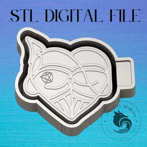 May include: A 3D-printed STL digital file of a stylized heart-shaped design with a pentagram in the eye. The design has a geometric pattern and is outlined in gray. The text "STL DIGITAL FILE" is at the top.