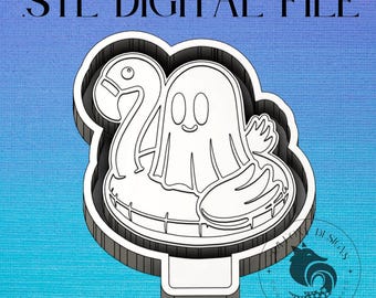 May include: A 3D printable STL file for a ghost riding a flamingo float. The ghost has a friendly face with two eyes and a smile. The flamingo float is white and has a black outline.