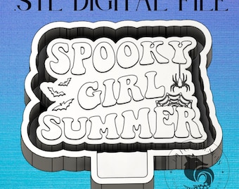 May include: A white 3D printed sign with the text "Spooky Girl Summer" in a retro font. The sign also features a spider and spider web graphic.