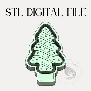 May include: A 3D printable STL digital file for a Christmas tree cookie cutter. The design features a green tree with a swirl pattern and white dots.