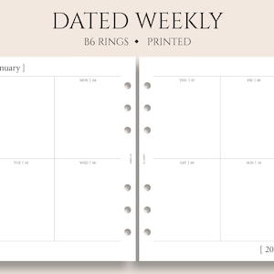 Dated Weekly Planner Inserts, B6 Planner, 6-Ring, Vertical Layout, Minimal, Two-Page Weekly, Functional, WO2P ~ 5.3" x 7"