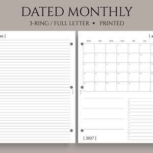 Dated Monthly Calendar Planner Inserts, 3-Ring Full Letter, Monday Start, MO1P, Minimal, Functional ~ 3-Hole Punch, 8.5" x 11"