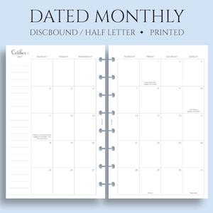 Dated Monthly Calendar Planner Inserts, Junior Half Letter Size Discbound, Monday Start, Optional Holidays, MO2P ~ 5.5" x 8.5"