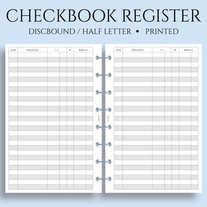 Checkbook Register Inserts, Check Transaction Register Pages, Budget Planner Inserts ~ Junior Half Letter Size Discbound / 5.5" x 8.5"