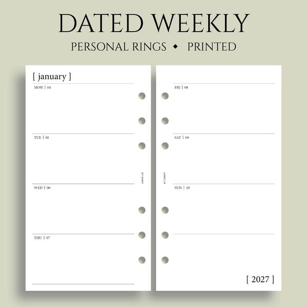 Dated Weekly Planner Inserts, 6-Ring Personal Size, Horizontal Layout, Minimal Two-Page Weekly, Functional Layout, WO2P ~ 3.75" x 6.75"