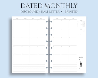 Dated Monthly Calendar Planner Inserts, Junior Half Letter Size Discbound, Sunday Start, MO2P, Minimal, Functional ~ 5.5 x 8.5&quot;
