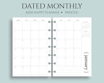 Dated Monthly Calendar Planner Inserts, Monday Start, MO2P, Minimal, Functional ~ Mini Happy Planner / 4.6" x 7" Discbound
