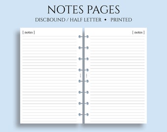 Notes Pages, Lined Paper Planner Inserts, Minimal Style, Functional ~ Junior Half Letter Size Discbound / 5.5" x 8.5"