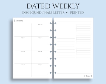 Dated Weekly Planner Inserts, Dashboard Layout, Two-Page Weekly, Minimal, Functional, WO2P ~ Junior Half Letter Size Discbound / 5.5 x 8.5"
