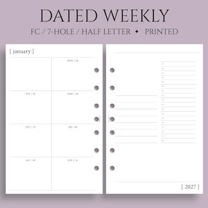 Dated Weekly Planner Inserts, FC Classic 7-Hole, Dashboard Layout, Two-Page Weekly, Minimal, WO2P, Daytimer ~ Half Letter / 5.5" x 8.5"