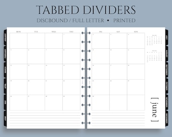 Tabbed Monthly Dividers, Printed Monthly Calendars with Mylar Tabs, Minimal Design, MO2P ~ Full Letter Size Discbound / 8.5" x 11"