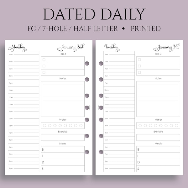 Dated Daily Planner Inserts, Schedule, To-Do List, Health, Exercise, Water Tracker, DO1P ~ FC Classic 7-Hole, Half Letter Size / 5.5" x 8.5"