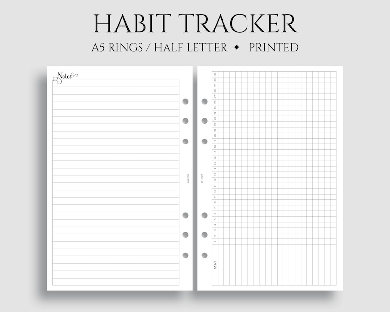 Monthly Habit Tracker Planner Inserts, A5 6-ring Punch, Half Letter ...